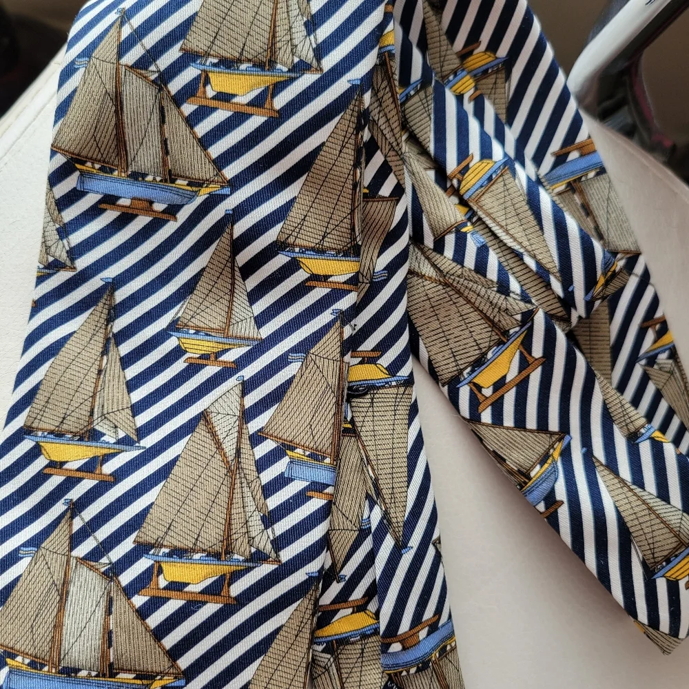 Lands' End Silk Necktie Hand Sewn Nautical Sailboats Coastal Preppy ~ GUC ~ 80s